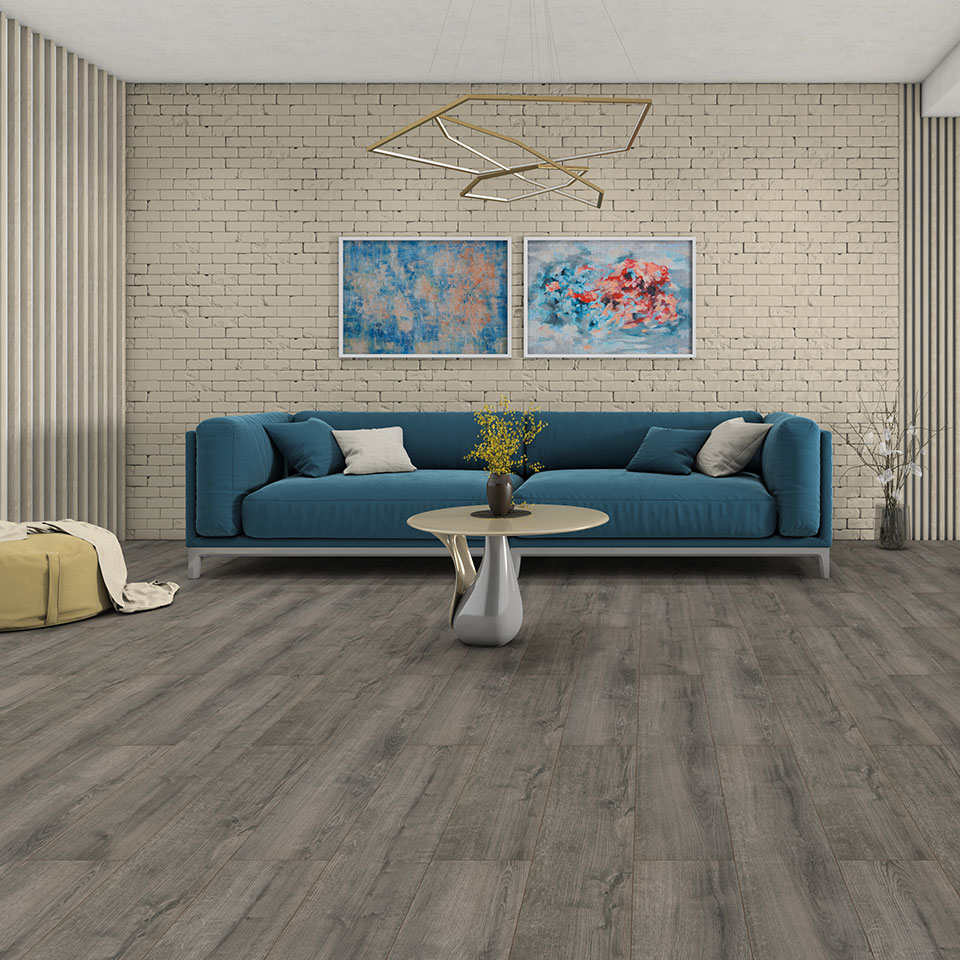 Laminate wood flooring in mordern living room with large sofa