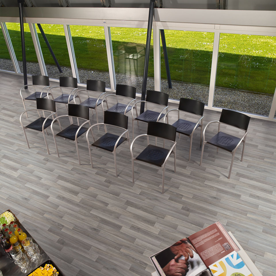 Wood effect vinyl in open space lobby